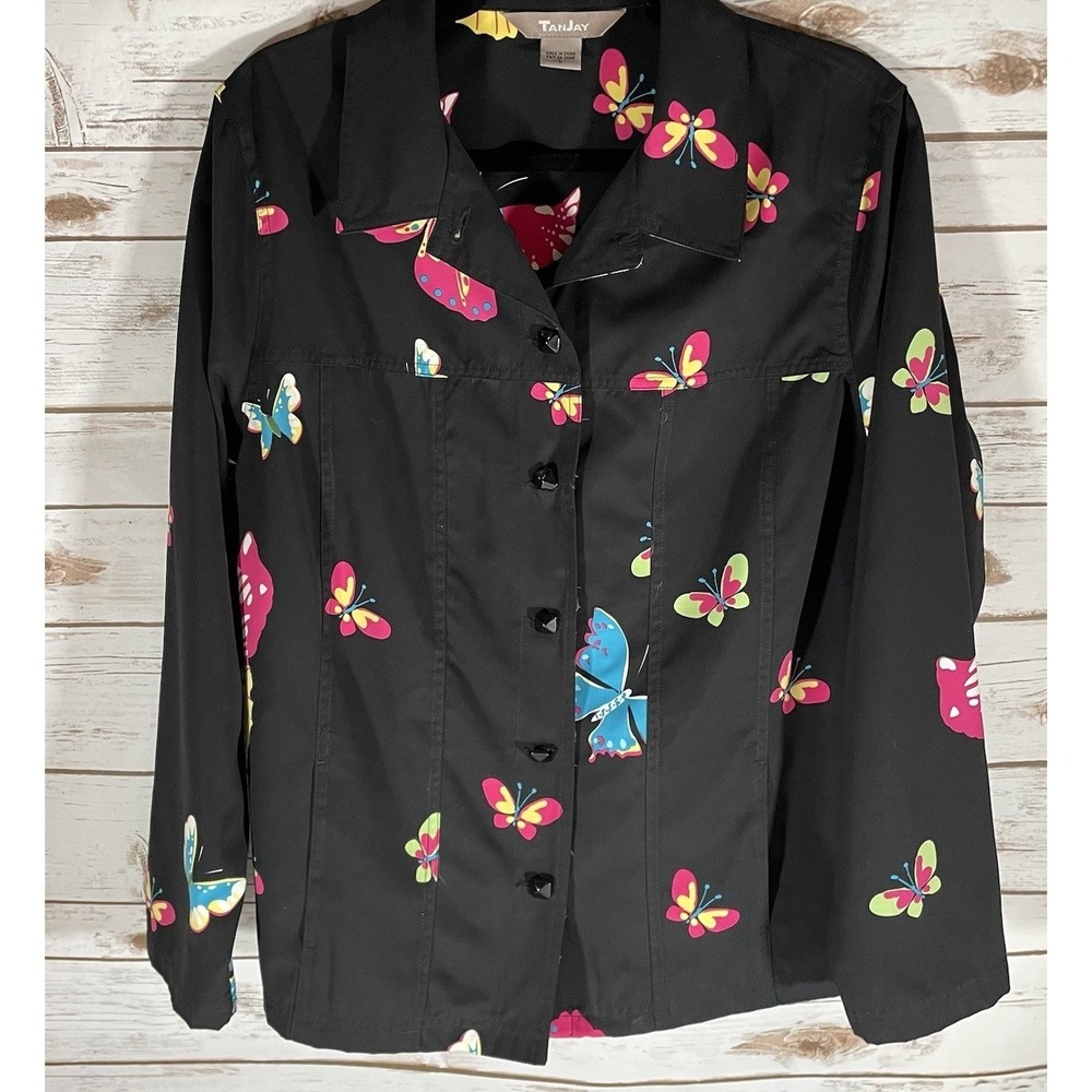 Black Butterfly Print Lightweight Jacket L Retro Whimsigoth Fairy Grunge Y2K 90s